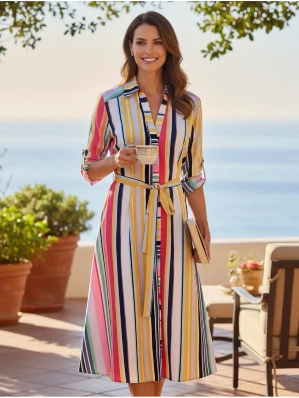NY & Co Multicolor Striped Midi Shirt Dress Roll Tab Sleeve Belted Women’s Large